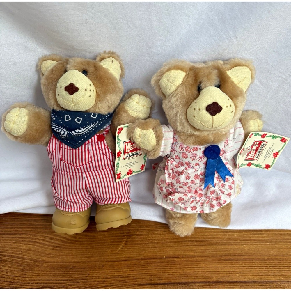 1986 Wendy's Furskins Teddy Bear Couple Set 2 Plush Bears Original Tags 7"